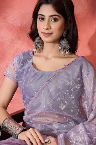 Purple twill net sequins embroidered saree