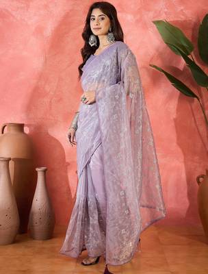Purple twill net sequins embroidered saree 4