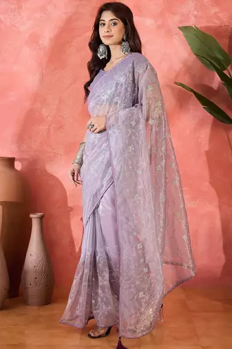 Purple twill net sequins embroidered saree