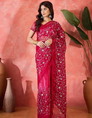 Red twill net sequins embroidered saree 1