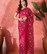 Red twill net sequins embroidered saree