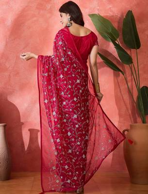 Red twill net sequins embroidered saree 2
