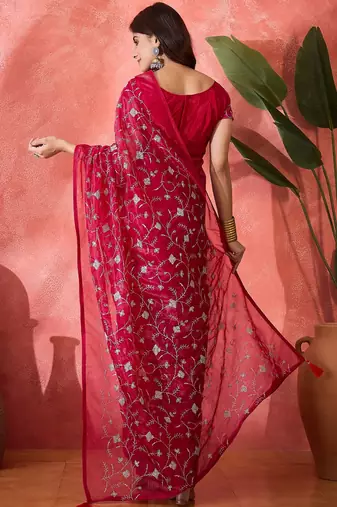 Red twill net sequins embroidered saree