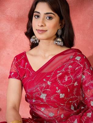 Red twill net sequins embroidered saree 3