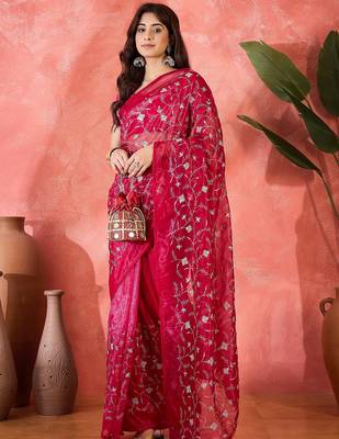 Red twill net sequins embroidered saree 4