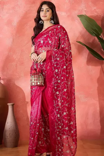 Red twill net sequins embroidered saree