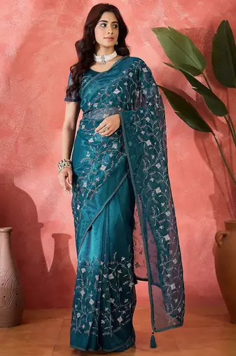 Teal twill net sequins embroidered saree