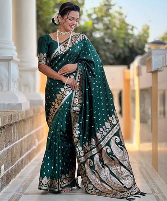 Green faux banarasi art silk blend with woven jacquard saree 4