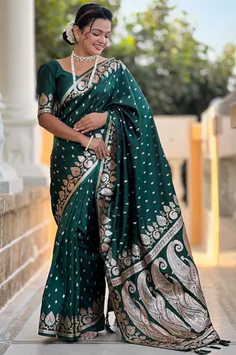 Green faux banarasi art silk blend with woven jacquard saree