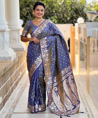 Grey faux banarasi art silk blend with woven jacquard saree 1