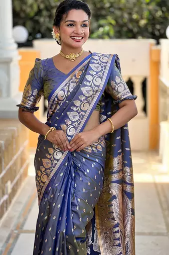 Grey faux banarasi art silk blend with woven jacquard saree