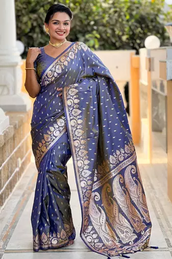 Grey faux banarasi art silk blend with woven jacquard saree