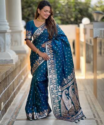 Morpich faux banarasi art silk blend with woven jacquard saree 4