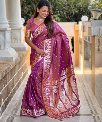 Magenta faux banarasi art silk blend with woven jacquard saree 4