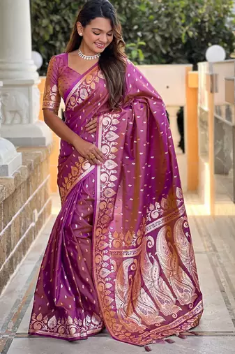 Magenta faux banarasi art silk blend with woven jacquard saree