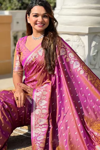 Magenta faux banarasi art silk blend with woven jacquard saree