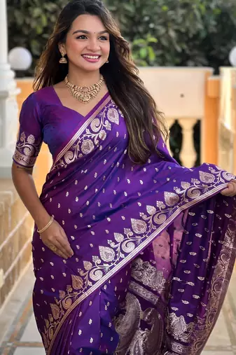 Violet faux banarasi art silk blend with woven jacquard saree