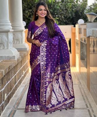 Violet faux banarasi art silk blend with woven jacquard saree 4