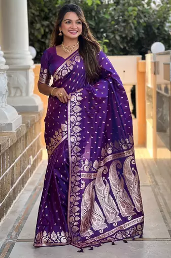 Violet faux banarasi art silk blend with woven jacquard saree