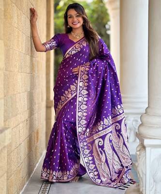Violet faux banarasi art silk blend with woven jacquard saree 5