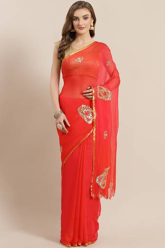 Coral red gota patti hand embellished chiffon sustainable saree