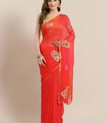 Coral red gota patti hand embellished chiffon sustainable saree