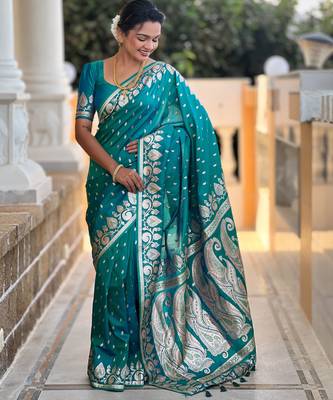 Rama faux banarasi art silk blend with woven jacquard saree 4
