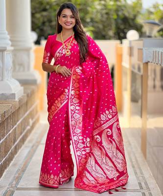 Pink faux banarasi art silk blend with woven jacquard saree 1