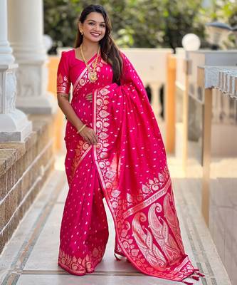 Pink faux banarasi art silk blend with woven jacquard saree 4