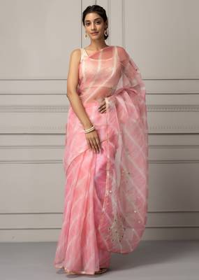 Light pink & white leheriya aari work organza leheriya saree 1