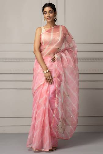Light pink & white leheriya aari work organza leheriya saree