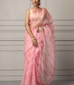 Light pink & white leheriya aari work organza leheriya saree
