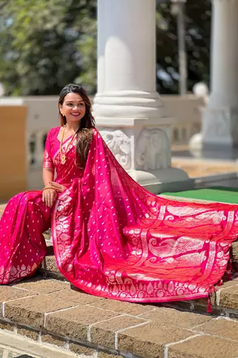 Pink faux banarasi art silk blend with woven jacquard saree