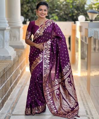 Wine faux banarasi art silk blend with woven jacquard saree 1