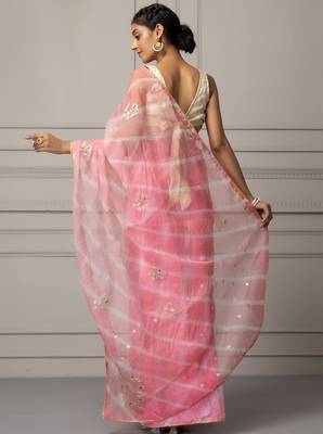 Light pink & white leheriya aari work organza leheriya saree 2