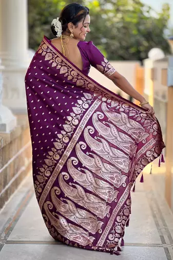 Wine faux banarasi art silk blend with woven jacquard saree