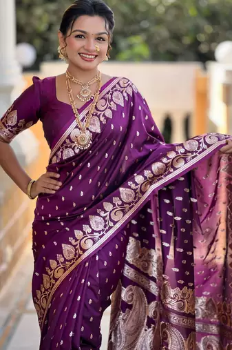 Wine faux banarasi art silk blend with woven jacquard saree