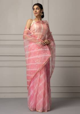 Light pink & white leheriya aari work organza leheriya saree 4