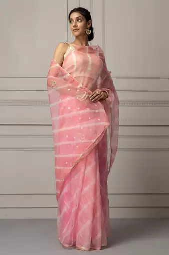 Light pink & white leheriya aari work organza leheriya saree