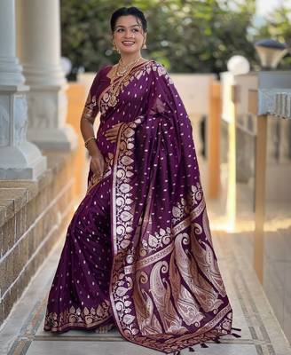 Wine faux banarasi art silk blend with woven jacquard saree 4