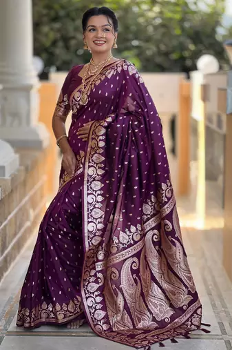 Wine faux banarasi art silk blend with woven jacquard saree