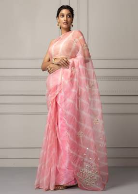 Light pink & white leheriya aari work organza leheriya saree 5