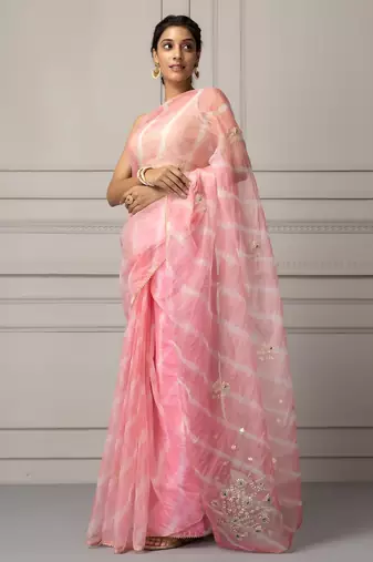 Light pink & white leheriya aari work organza leheriya saree