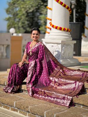 Wine faux banarasi art silk blend with woven jacquard saree 5