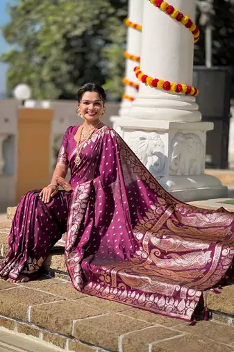Wine faux banarasi art silk blend with woven jacquard saree