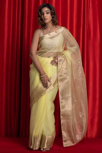 Lime green colorwomen embroidered woven design sarees