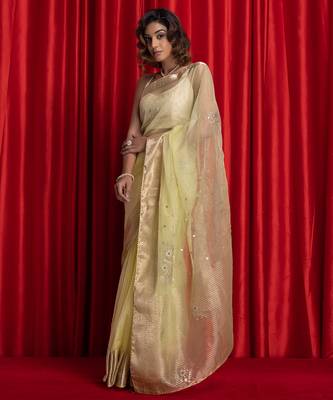 Lime green colorwomen embroidered woven design sarees 2