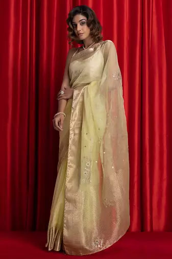 Lime green colorwomen embroidered woven design sarees