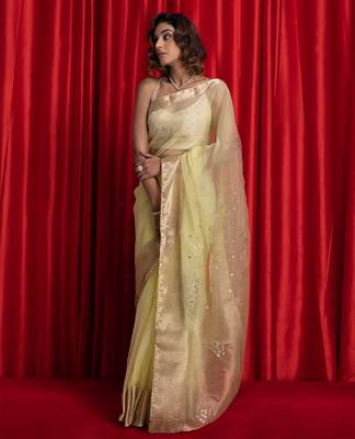 Lime green colorwomen embroidered woven design sarees 3