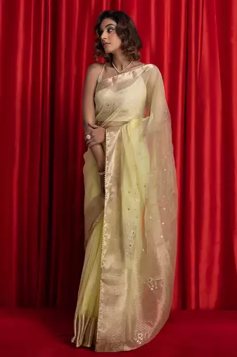 Lime green colorwomen embroidered woven design sarees